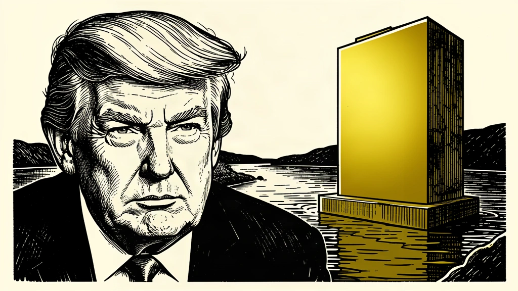 An editorial illustration showing a portrait of Trump next to a massive blank golden sign structure placed in a narrow sea passage. Identity photo references adapted into illustration: Daniel Torok (Public domain; https://commons.wikimedia.org/wiki/File:Official_Presidential_Portrait_of_President_Donald_J._Trump_(2025).jpg); source https://commons.wikimedia.org/wiki/File:Official_Presidential_Portrait_of_President_Donald_J._Trump_(2025).jpg