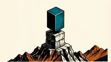 The NASDAQ Composite reaches a record close: a large geometric block rests on a high stone pedestal atop a mountain peak.