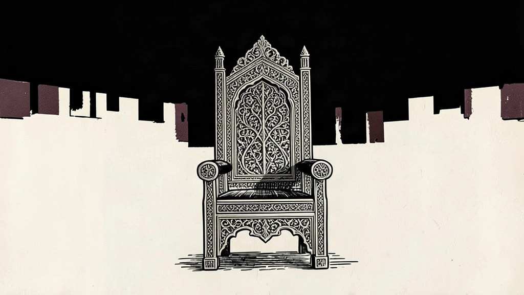 An editorial illustration showing a traditional ornate throne being eclipsed by a massive, sharp-edged shadow descending from above.