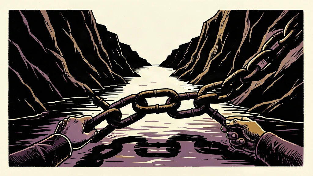An editorial illustration showing a hand lifting a heavy chain that blocks a narrow sea passage between two cliffs.