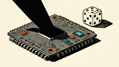 Nasdaq futures and AI stocks under pressure: a large silicon chip is partially covered by a sharp descending shadow, with a single die in the background.
