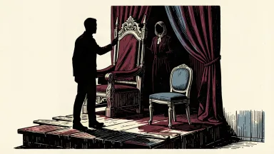 Bob Chapek's tenure as Disney CEO: a small chair sits in the shadow of a grand throne while a hidden figure watches from behind a curtain.