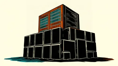 A large server rack is partially blocked by a rising wall of heavy slabs, representing regulatory hurdles.