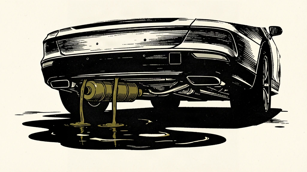 An editorial illustration of a car with a detached fuel tank resting on the road, leaking dark fluid.