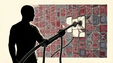 An editorial illustration showing a human silhouette holding a thick cable connected to a grid of glowing tiles, representing human control over AI safety.