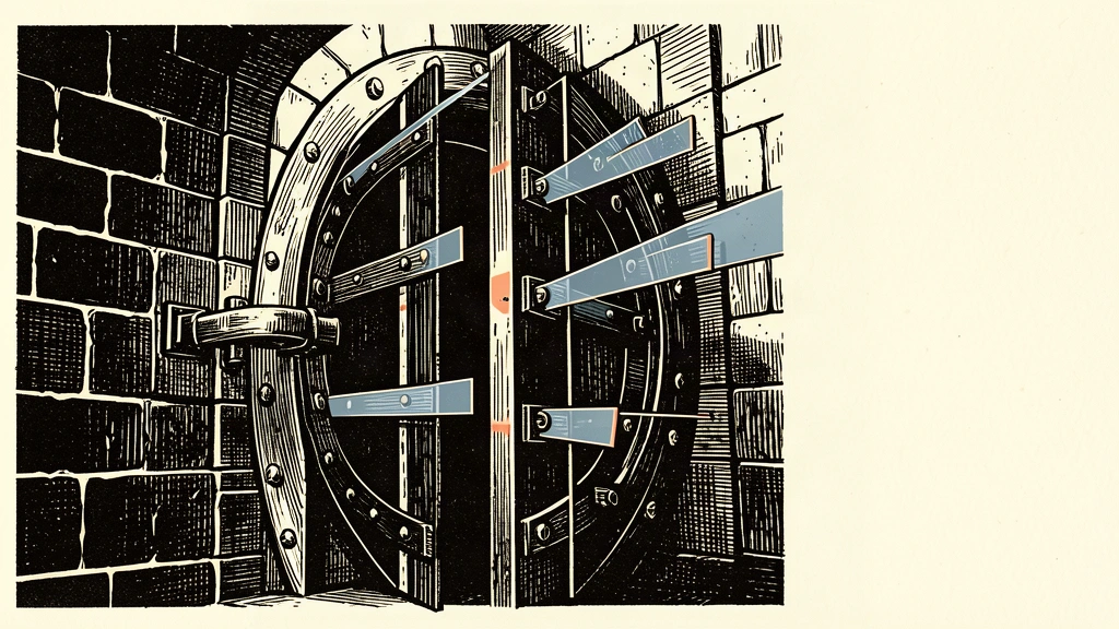 A heavy bank vault door with fragile glass panes being inserted into its locking mechanism to represent systemic risk warnings.