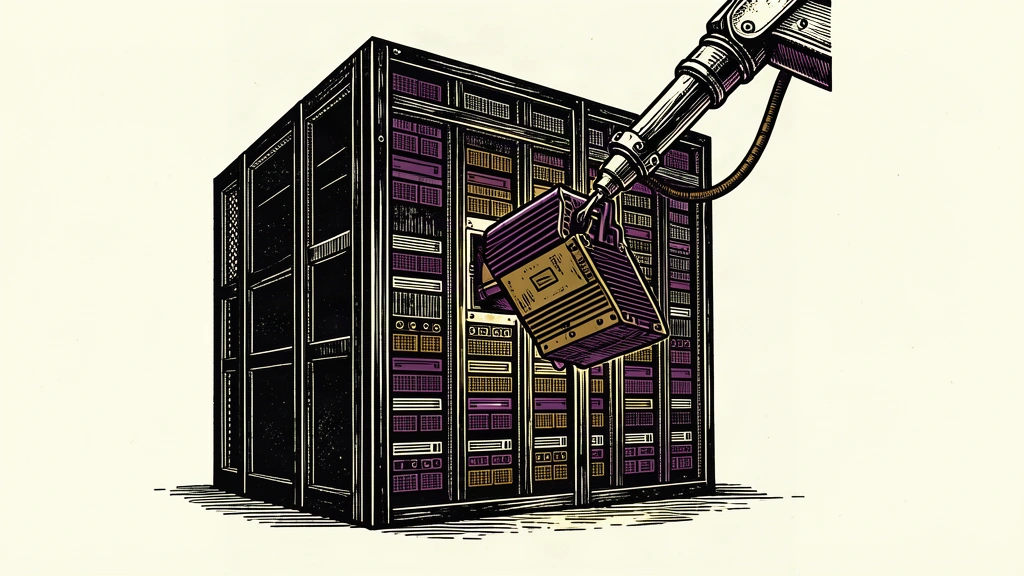 A mechanical arm lowers a high-performance compute module into a massive server rack, representing the acquisition of AI infrastructure.