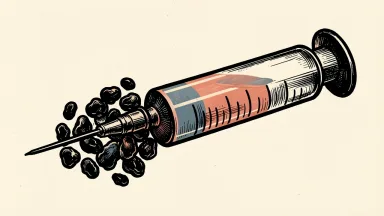 Genmab's Epkinly trial success: a medical syringe acting as a physical barrier that stops the spread of dark, irregular cellular shapes.