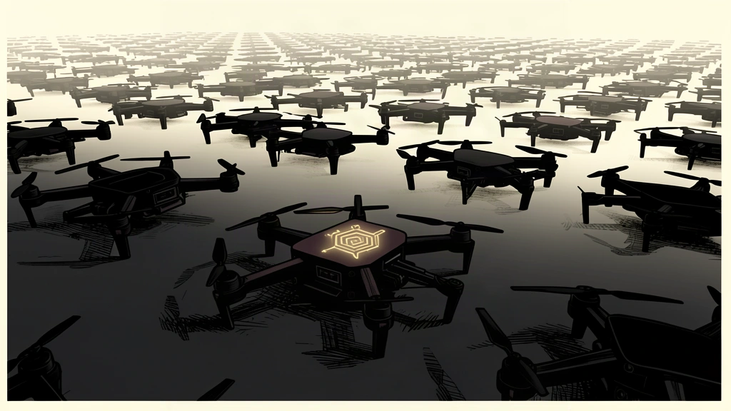 A vast grid of identical drones sits ready on a dark surface, with a glowing circuit pattern on the closest one indicating AI autonomy.