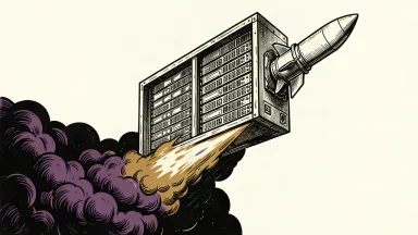 Supermicro accelerating data center expansion: a massive server rack propelled forward by a powerful rocket engine.
