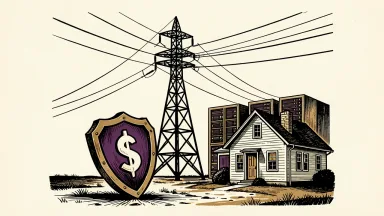 Duke Energy reaches a deal to protect customers from data center costs: a shield stands between a power tower and a house, with server racks in the background.