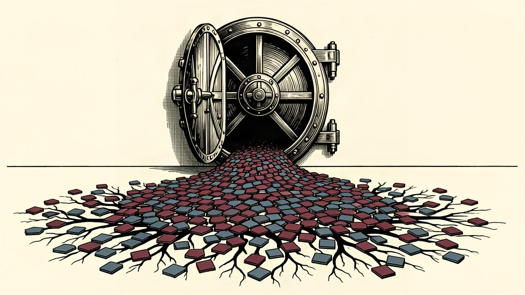 An editorial illustration showing a vault door left open with a swarm of geometric tiles spreading out across the floor in a self-replicating pattern.