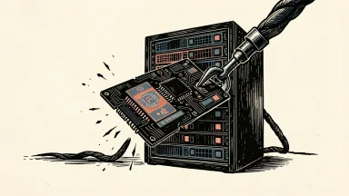 Super Micro contractor admits guilt in Nvidia chip rerouting plot: a computer server rack being diverted from its path by a large metal hook.