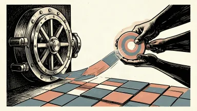 Citi's new savings program attracting client assets: a large magnet pulls a stream of geometric tiles into an open bank vault.