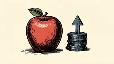 Apple with a metal arrow rising from coins, representing a raised price target.