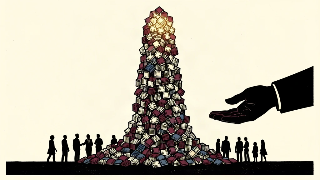 A massive column of thousands of small tiles rises upward, supported by a large silhouette hand.