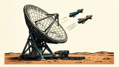 RTX's Raytheon counter-drone system: a large radar dish and three interceptor drones launched from a rail system on a desert plain.
