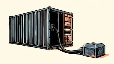 FedEx and Stripe collaboration: a heavy shipping container connected by a thick industrial cable to a sleek payment terminal block.