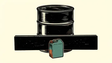 US sanctions on Russian crude oil remain while diesel exemptions are limited: a large oil barrel behind a thick barrier next to a single small fuel canister.
