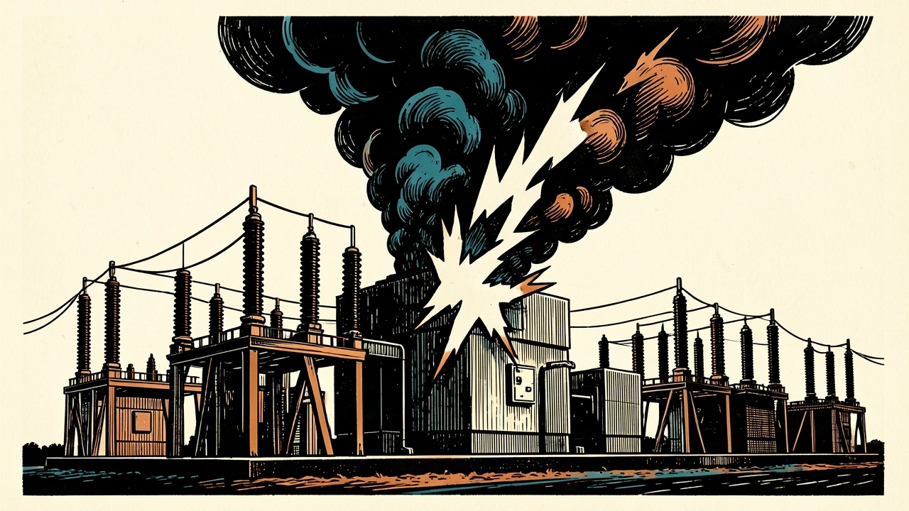 Ukrainian energy infrastructure damaged by strikes: a power substation with a jagged rupture and rising smoke plumes.