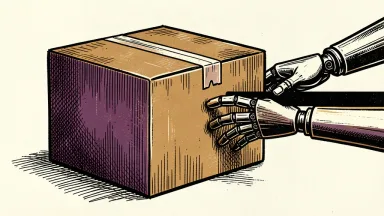 An editorial illustration showing robotic hands being blocked by a solid black bar as they reach for a sealed shipping box.