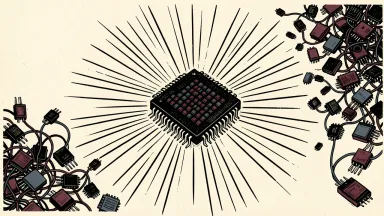 Northrop Grumman FORTITUDE chip: a single microchip emitting broad spectrum waves that displace a cluster of smaller electronic components.