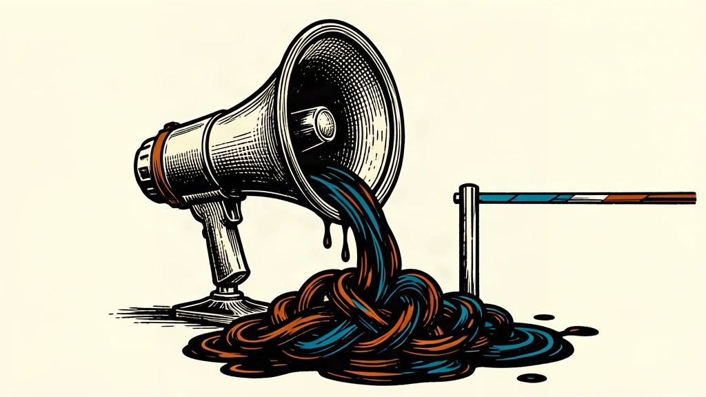 An editorial illustration showing a megaphone emitting a thick, tangled liquid that knots together, representing the distortion of open communication.