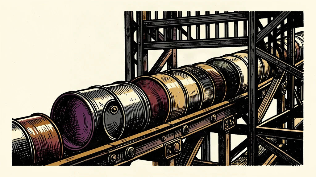 An industrial conveyor belt with metal drums pushing past a descending gate, representing persistent producer price inflation.