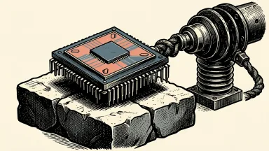 Navitas Semiconductor developing high-voltage technology: a large semiconductor chip on a pedestal connected to a heavy industrial electrical insulator.