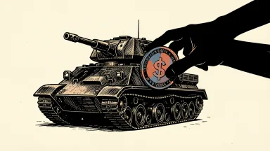 General Dynamics stake disclosure: a large armored vehicle receives a heavy coin placed by a silhouetted hand.