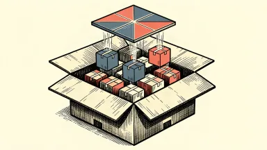An illustration of an AI agent managing inventory, showing a glowing digital tile organizing boxes into a larger shipping container.