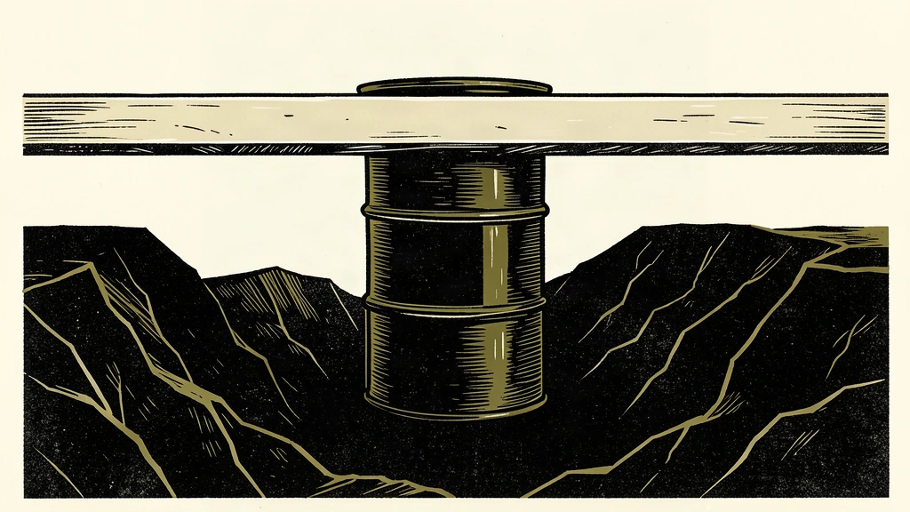 An editorial illustration showing a dark oil barrel on a platform that has dropped below a fixed horizontal beam.