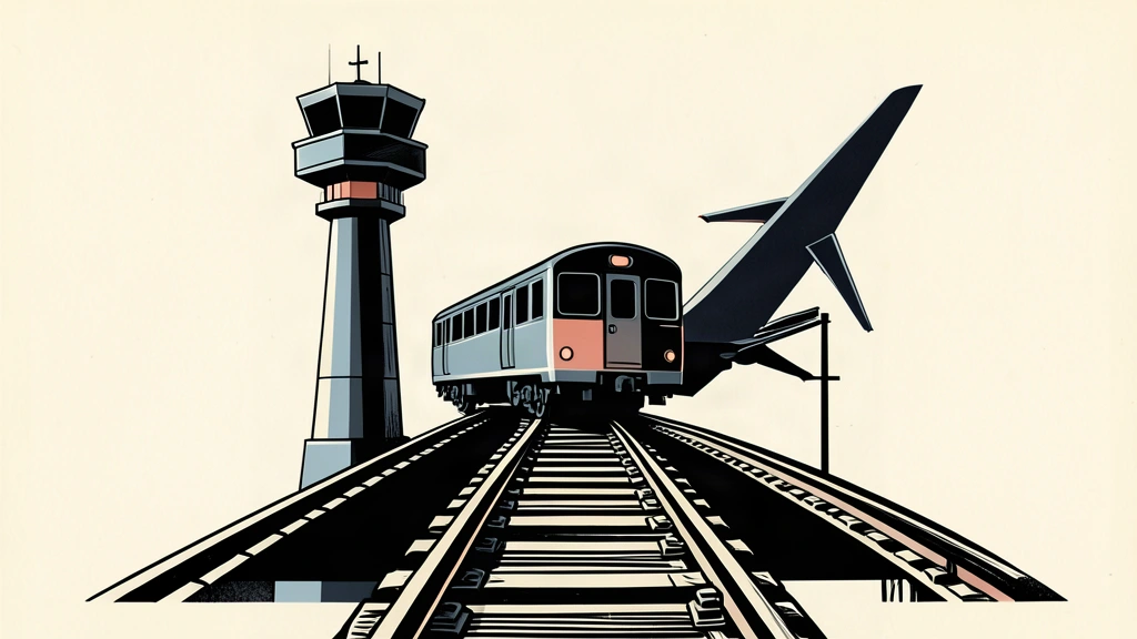 A linocut illustration of a modern train on a track and an airport tower, symbolizing infrastructure expansion.