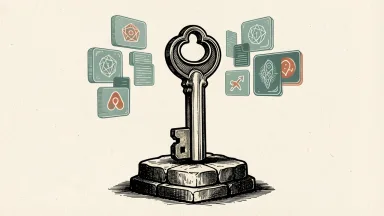 Airbnb's market position amid AI competition: a large house key on a stone pedestal as digital tiles hover in the background.