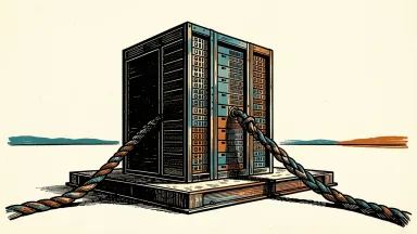 Hut 8 secures a $1.07B credit line for AI data centers: a heavy industrial server rack is pulled forward by a thick, taut steel cable.