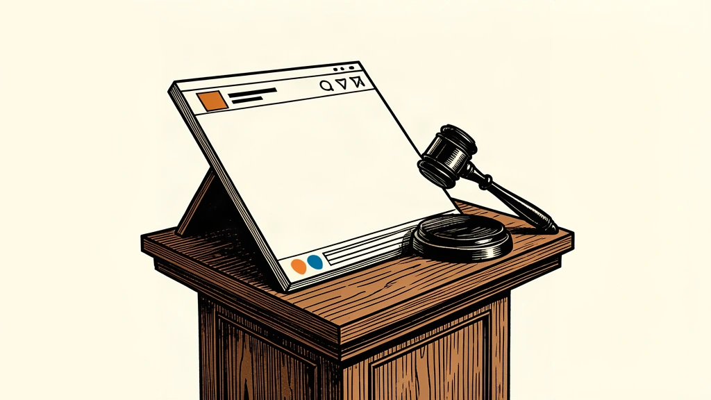A blank digital tile sits on a formal podium next to a heavy gavel.
