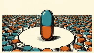 A large pill stands in the foreground, surrounded by a vast field of smaller pills that recede into the distance.