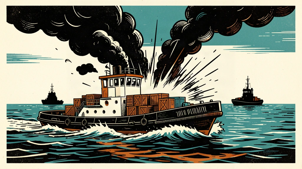 An editorial illustration showing a tugboat carrying crates being struck by an explosion on the water.