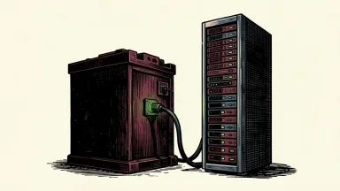 NiSource signs a 20-year energy agreement with Microsoft, showing a battery block connected to a data center tower.