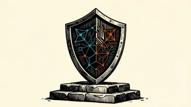 Zscaler reaffirms its financial guidance: a large, solid cybersecurity shield stands firmly on a stone base, integrated with glowing AI data nodes.