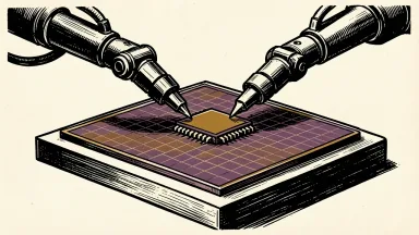 Applied Materials and Besi expand their partnership: two mechanical arms precisely align a semiconductor die onto a large wafer.