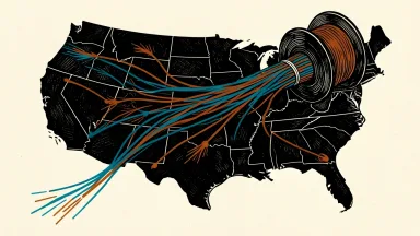 AT&T fiber internet expansion: a bundle of fiber optic cables unfurling across a map of the United States.