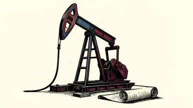 An editorial illustration of an oil pump jack connected by a cable to a large rolled agreement on the ground.