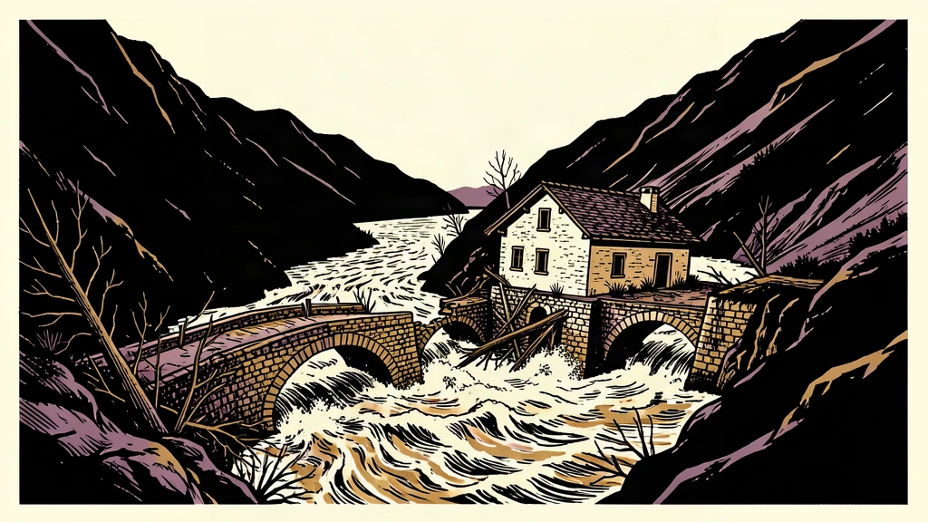 A black ink illustration showing a powerful mountain flood destroying a stone bridge and tilting a small building into the water.