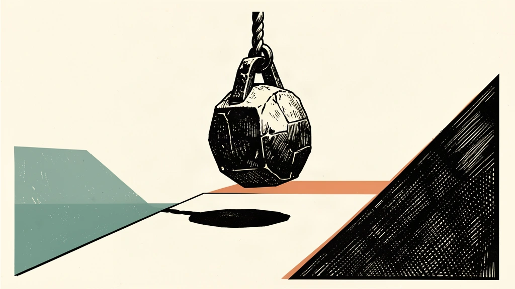 A heavy stone pendulum hangs centered over a floor that splits into a rising ramp and a steep drop, representing the market's potential swing based on Fed guidance.