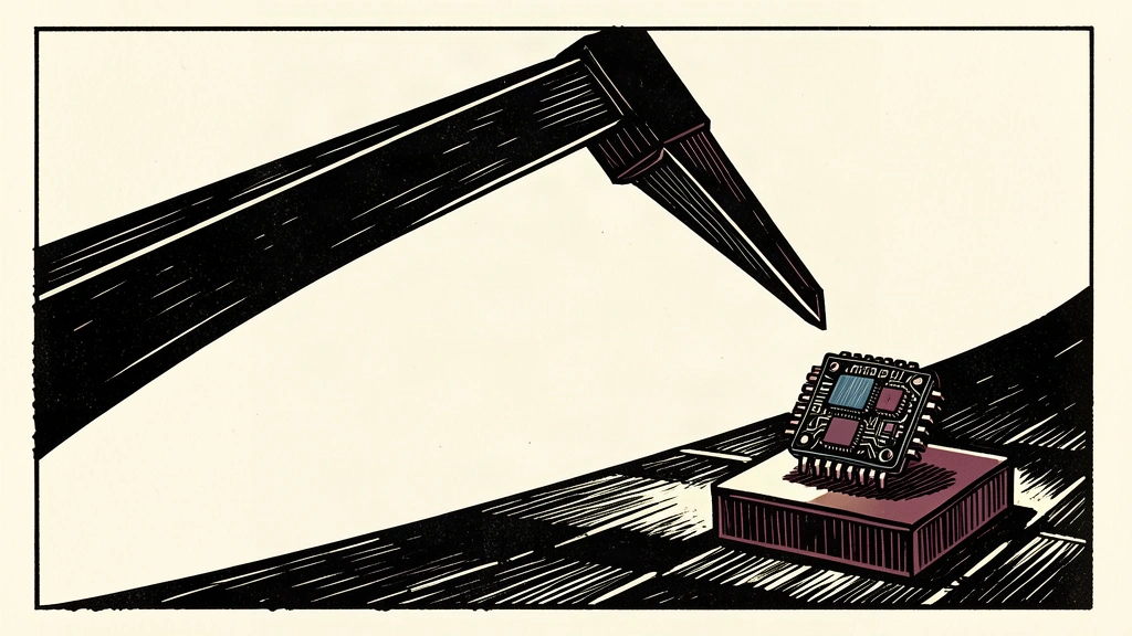A heavy gate arm lowers to block a path leading toward a glowing microchip.