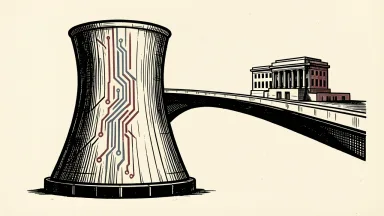 Vistra nuclear plant modernization supported by a $4.2 billion government loan: a nuclear cooling tower connected by a solid bridge to a government building.