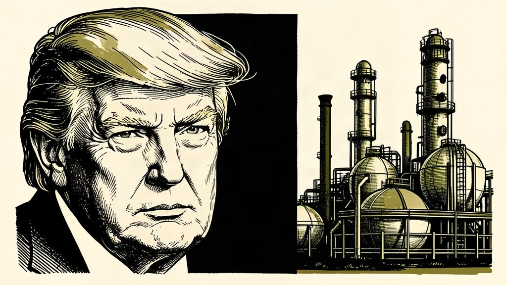 A black ink portrait of Donald Trump next to an intact oil refinery, separated by a solid dark barrier to represent the agreement to stop attacks. Identity photo references adapted into illustration: Daniel Torok (Public domain; https://commons.wikimedia.org/wiki/File:Official_Presidential_Portrait_of_President_Donald_J._Trump_(2025).jpg); source https://commons.wikimedia.org/wiki/File:Official_Presidential_Portrait_of_President_Donald_J._Trump_(2025).jpg