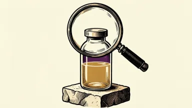 Novo Nordisk's denecimig under FDA review: a medical vial on a stone pedestal being examined through a large magnifying glass.