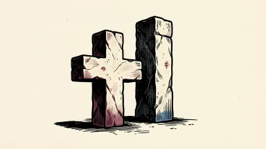 UnitedHealth profit growth: a large stone medical cross stands next to a rising stone pillar.